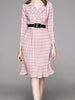 Long sleeve dress pink wedding guest cocktail party graduation office plaid PTRYTLYQ741