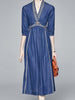 Blue denim dress cocktail party midi with sleeve casual vintage embroidery JLKERR3208116617