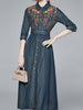 Blue dress denim cocktail party wedding guest 3/4 sleeve casual vintage embroidery JLTESS3872