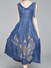 Blue dress midi cocktail party beach sleeveless v neck casual vintage embroidery JLTESS3669