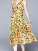 Yellow floral dress midi wedding guest beach party sleeveless V neck casual vintage JLTESS4023