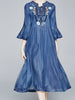 Blue dress flare sleeve wedding guest cocktail party casual embroidery Bohemian JLTESS3661