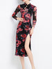 Red floral black dress midi long sleeve wedding guest cocktail party homecoming JLTESS4546