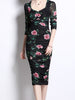 Black midi dress with sleeve wedding guest pink floral prom cocktail party bodycon JLTESS4723