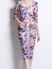 Midi dress 3/4 sleeve wedding guest floral blue red cocktail party bodycon vintage JLTESS4719