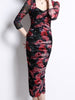 Midi red floral dress with sleeve wedding guest cocktail party bodycon vintage JLTESS4715