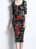 Black red floral dress with sleeve midi wedding guest cocktail party bodycon JLTESS4714