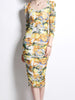 Midi dress with sleeve wedding guest yellow floral cocktail party bodycon vintage JLTESS4717