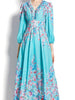 Maxi dress green blue floral wedding guest long sleeve cocktail party prom vintage JLBANU470