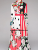 Maxi dress wedding guest cocktail party prom long sleeve red floral patchwork dots PBANU473